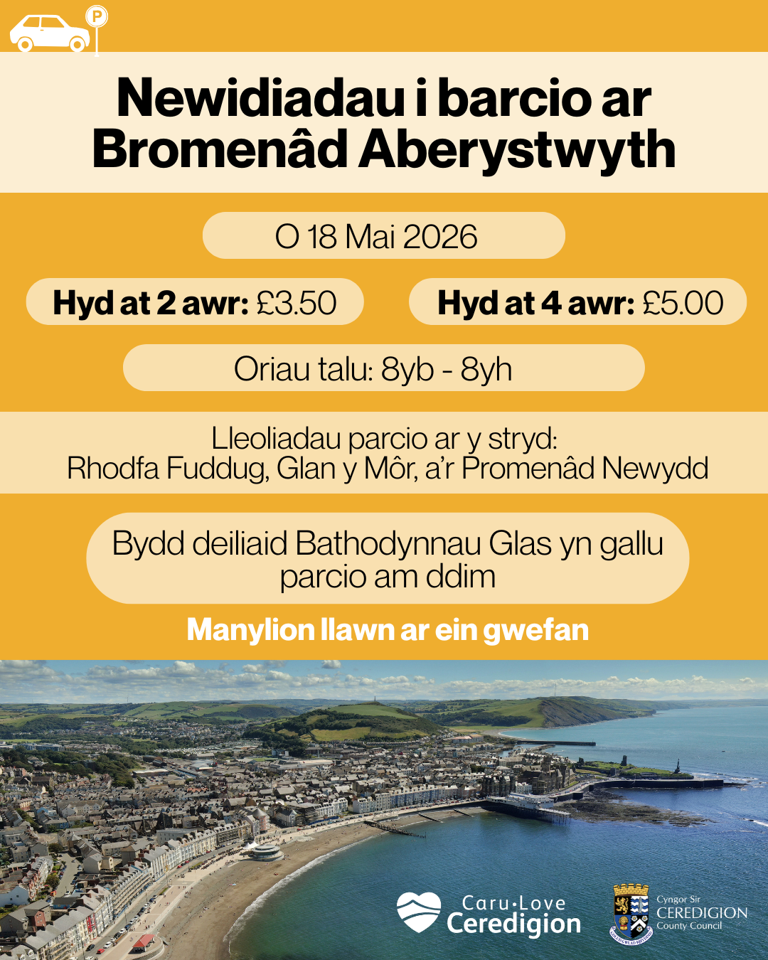 Newidiadau i barcio ar Bromenâd Aberystwyth