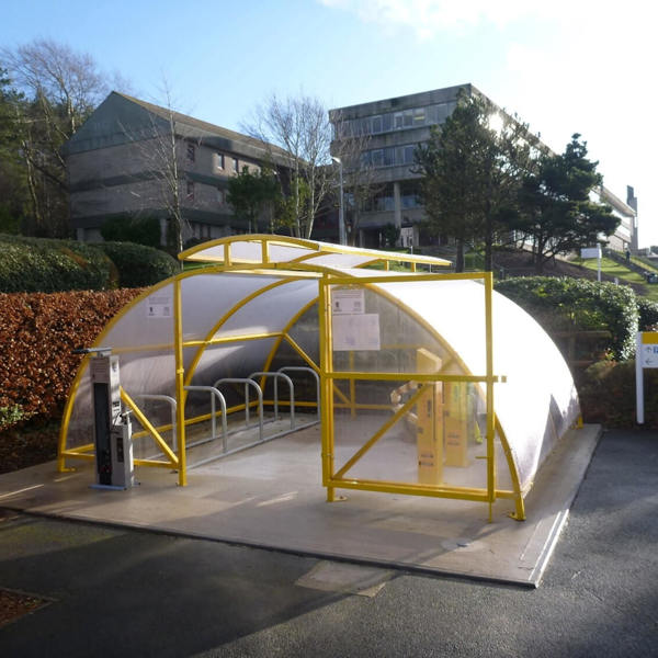 New cycle compound with E-bike Charging Stations and a Public Bike Repair Station with Tyre Pump at Penglais Campus Aberystwyth University