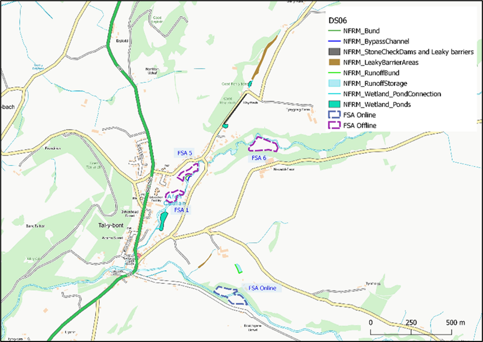 Map of Talybont area showing upstream flood storage areas plus Natural Flood Risk Management measures.